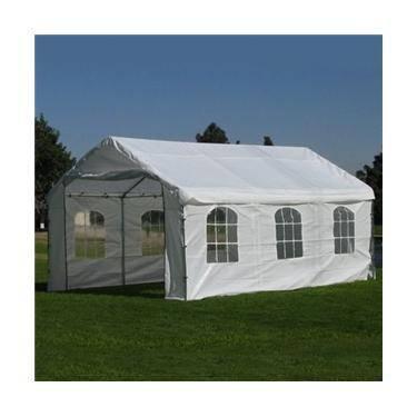 White 10' x 20' enclosed tarp canopy with windows providing clear view event shelter