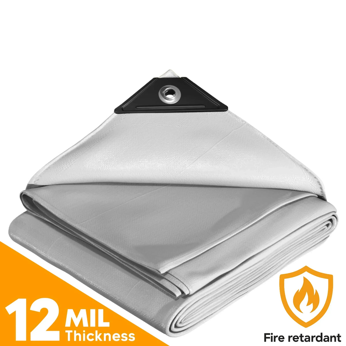18' x 24' White Fire-Retardant Tarp positioned across a sizable surface