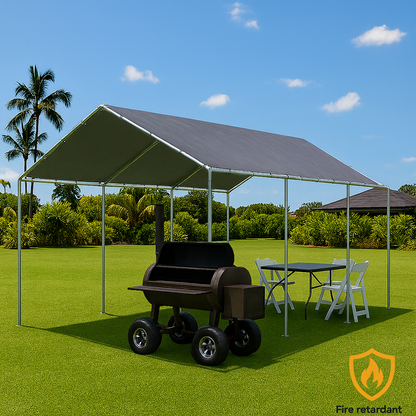 White 12' x 20' tarp cover providing recreational shade shelter outdoors