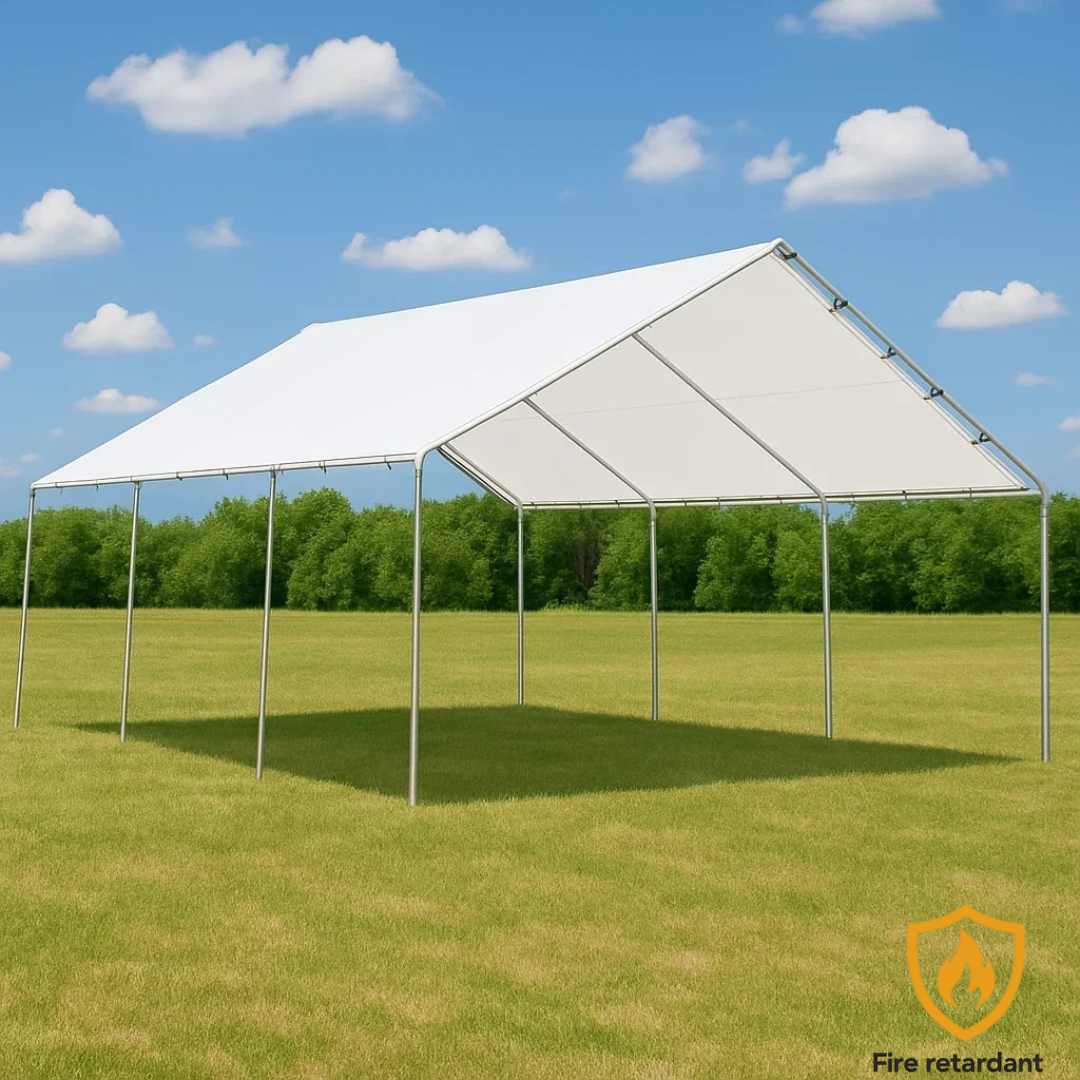 White 18' x 20' tarp cover creating shade for a large event area
