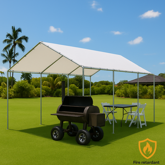 White 12' x 20' tarp cover providing recreational shade shelter outdoors
