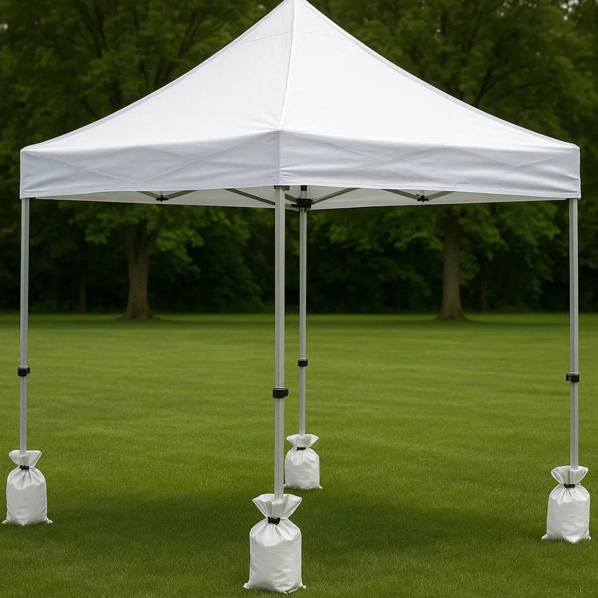 White heavy duty sand bag attached to canopy legs for stabilization support