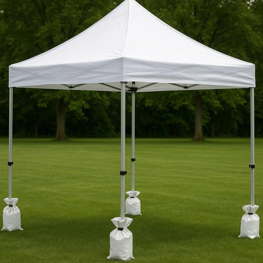 White heavy duty sand bag attached to canopy legs for stabilization support