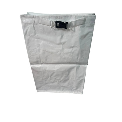 White heavy duty sand bag showing reinforced fabric container construction for long term use