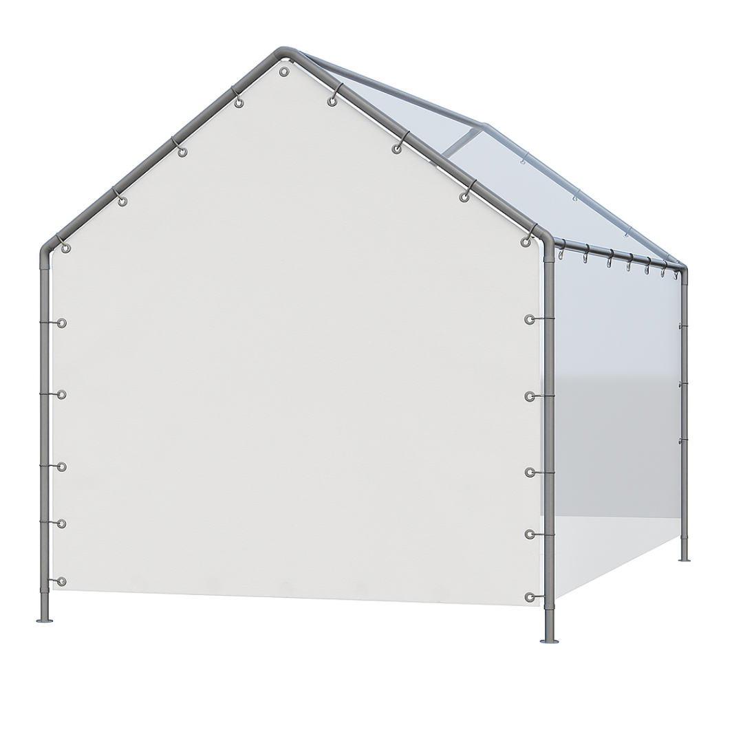 White 12' peak end wall serving as a weather barrier panel