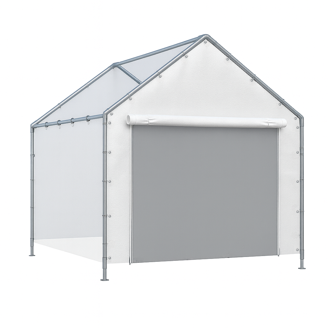 White 10' peak end wall with zipper featuring a roll up door panel