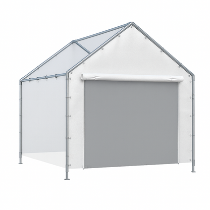 White 10' peak end wall with zipper featuring a roll up door panel