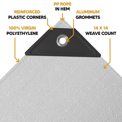 White Silver 10' x 12' tarp with reinforced edge detail and durable anchor support