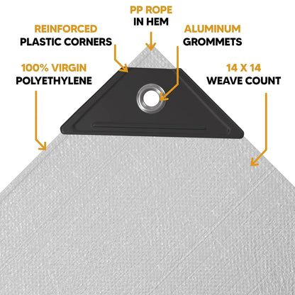 White Silver 10' x 16' tarp featuring anchor fastening support and reinforced edge durability