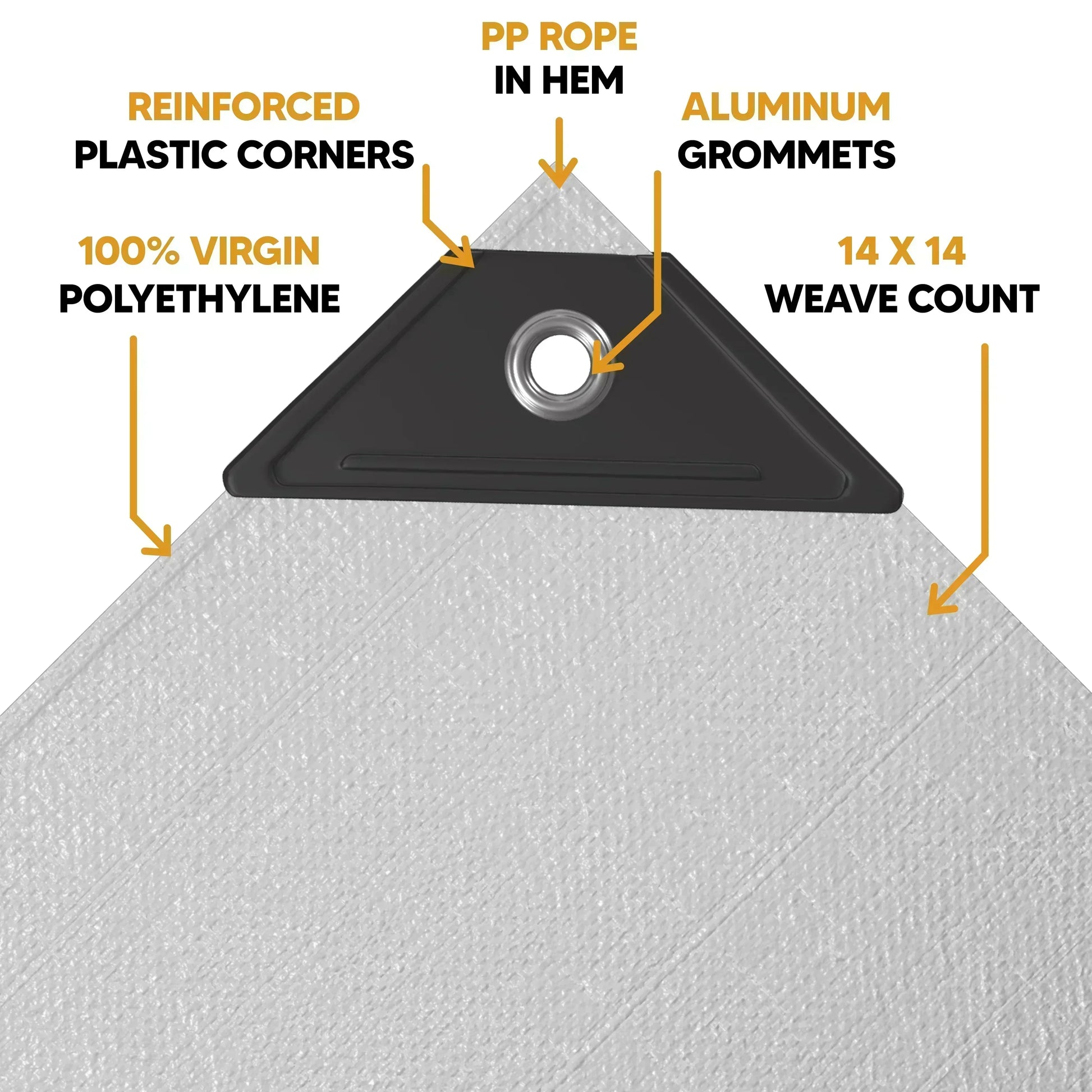 White Silver 12' x 20' tarp with edge fastening panel and reinforced rope hem durability