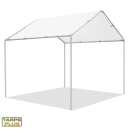 White 10' x 10' tarp canopy providing peaked shelter coverages