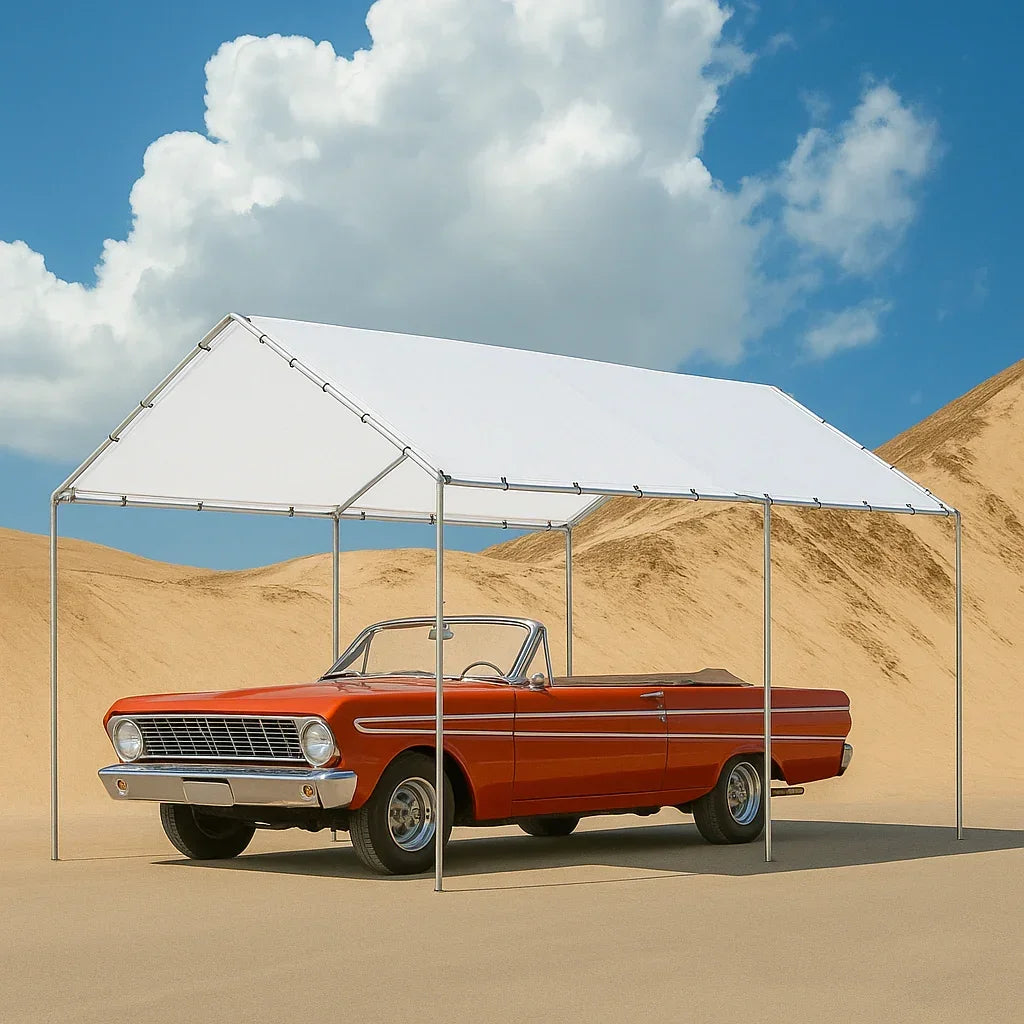 White 10' x 16' tarp canopy serving as an event shelter roof