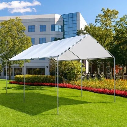 White 10' x 16' tarp canopy serving as an event shelter roofs