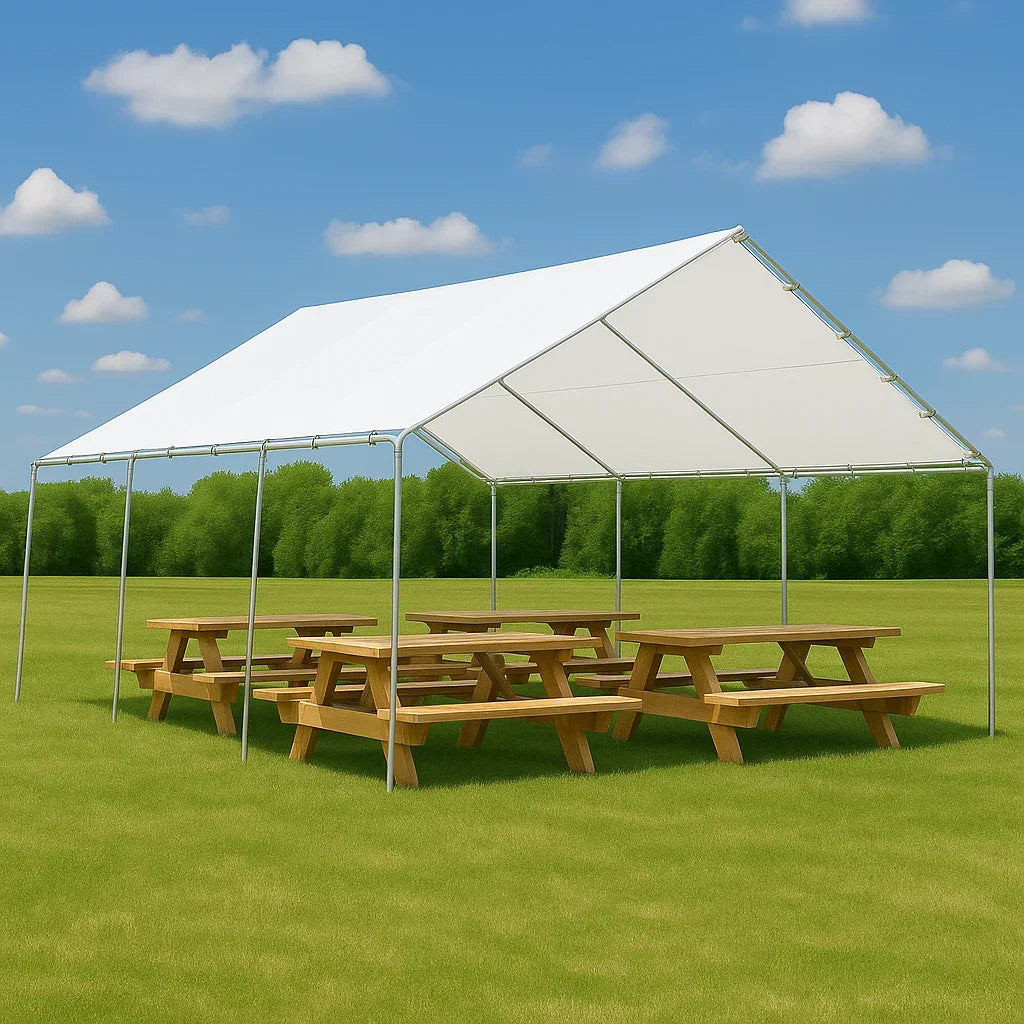 White 18' x 20' tarp canopy providing coverage for a large canopy enclosure