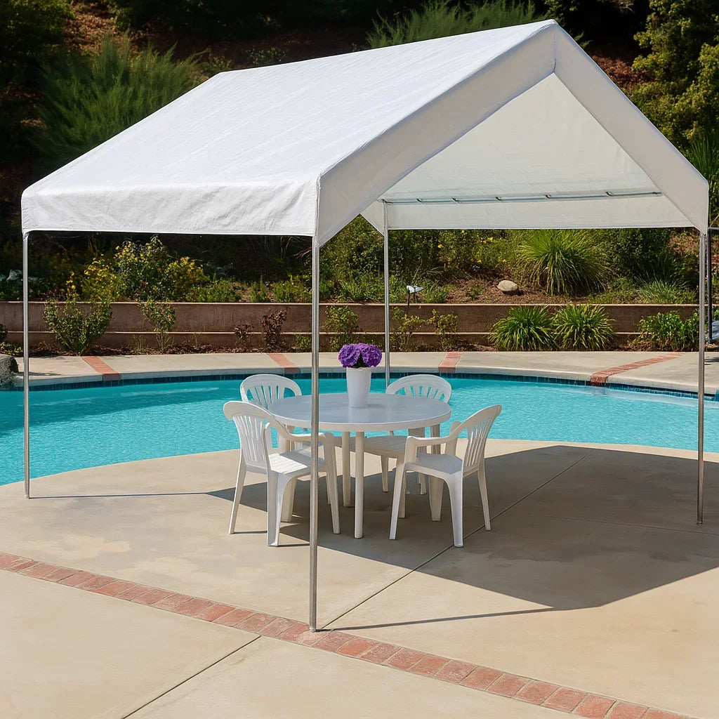White 10' x 10' valance tarp serving as a backyard canopy roof