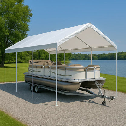 White 10' x 20' valance tarp used for outdoor entertainment shelter