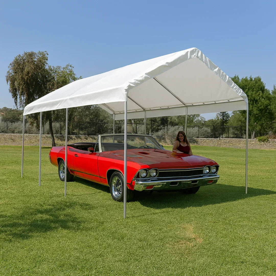 White 12' x 20' valance tarp installed as an open air canopy cover