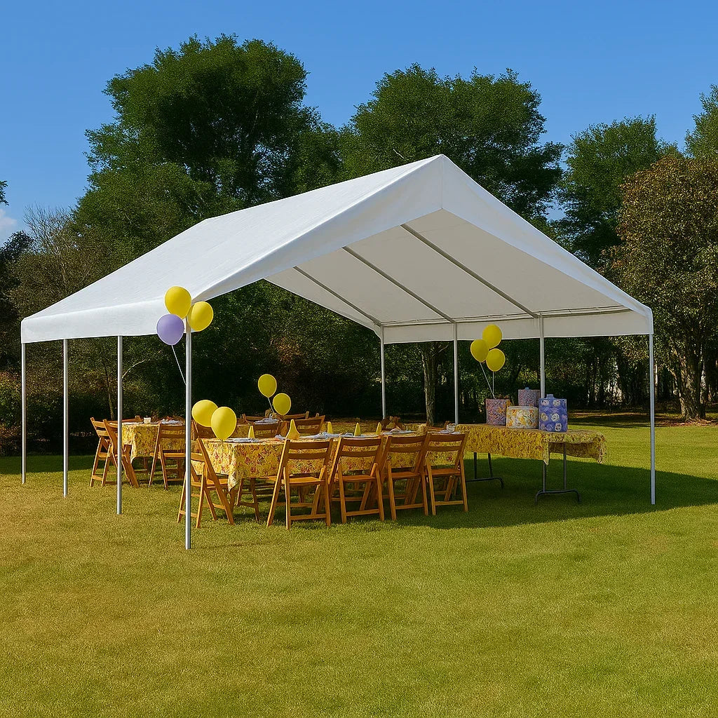White 18' x 20' valance tarp providing premium event shade coverage