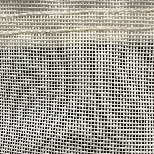 White 6' x 8' vinyl mesh tarp displaying open grid fabric and durable border trim