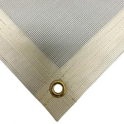 White 8' x 12' vinyl mesh tarp with industrial corner fastener and reinforced edging