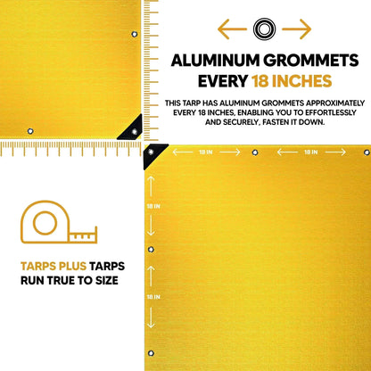 Yellow 20' x 30' tarp featuring anchor corner support and reinforced fastening construction