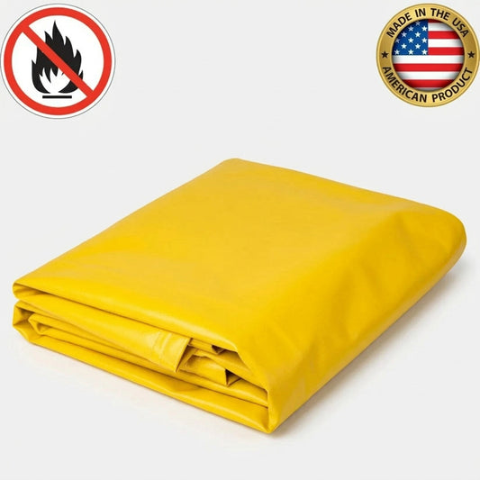 Yellow heavy-duty vinyl tarp designed for industrial outdoor coverage and weather protection