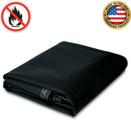 Black fire-resistant vinyl tarp, 18 oz polyester-coated, made in the USA, durable and weather-resistant for heavy-duty applications.