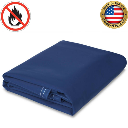 Blue fire-resistant vinyl tarp, 18 oz polyester-coated, made in the USA, heavy-duty and weather-resistant for industrial use.