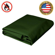 Green fire-resistant vinyl tarp, heavy-duty, made in the USA, folded neatly. Flame-retardant material ideal for industrial or outdoor use.