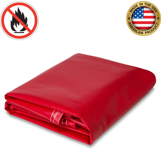 Red fire-resistant vinyl tarp, heavy-duty, made in the USA, folded neatly. Flame-retardant material ideal for industrial or outdoor use.