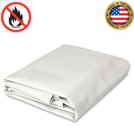 White fire-resistant vinyl tarp, heavy-duty, made in the USA, folded neatly. Flame-retardant material ideal for industrial or outdoor use.