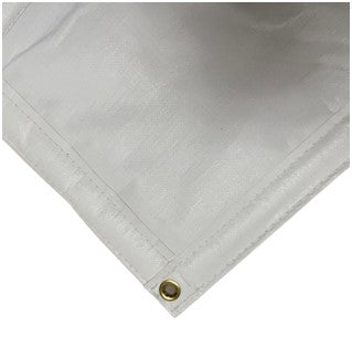 White insulated poly tarp corner with brass grommet and heat-sealed edges, designed for heavy-duty weather protection.