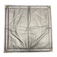 Silver insulated poly tarp with four brass grommets and reinforced heat-sealed edges for durable weather and thermal protection.